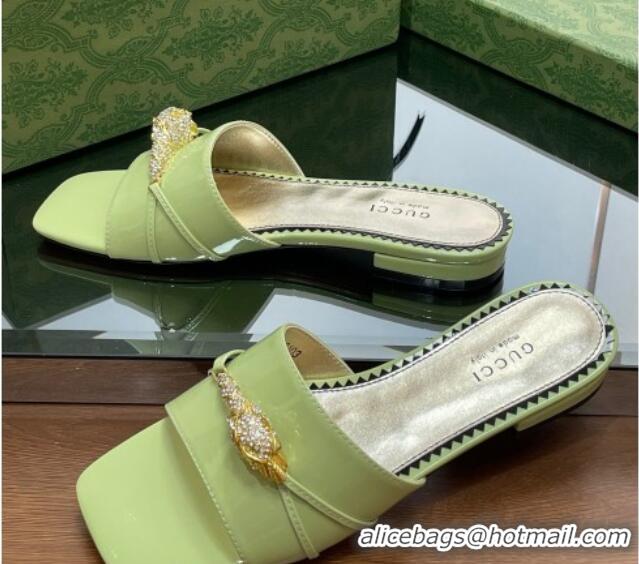 Best Grade Gucci Patent Leather Flat Slide Sandals with Tiger Head Hardware Green 719012