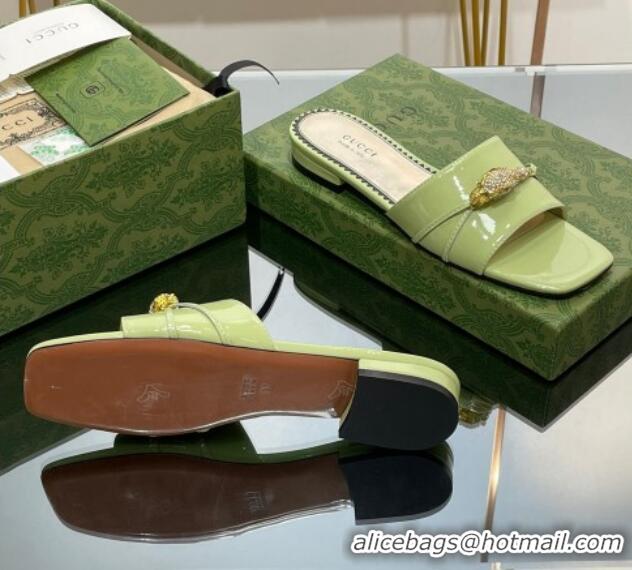 Best Grade Gucci Patent Leather Flat Slide Sandals with Tiger Head Hardware Green 719012