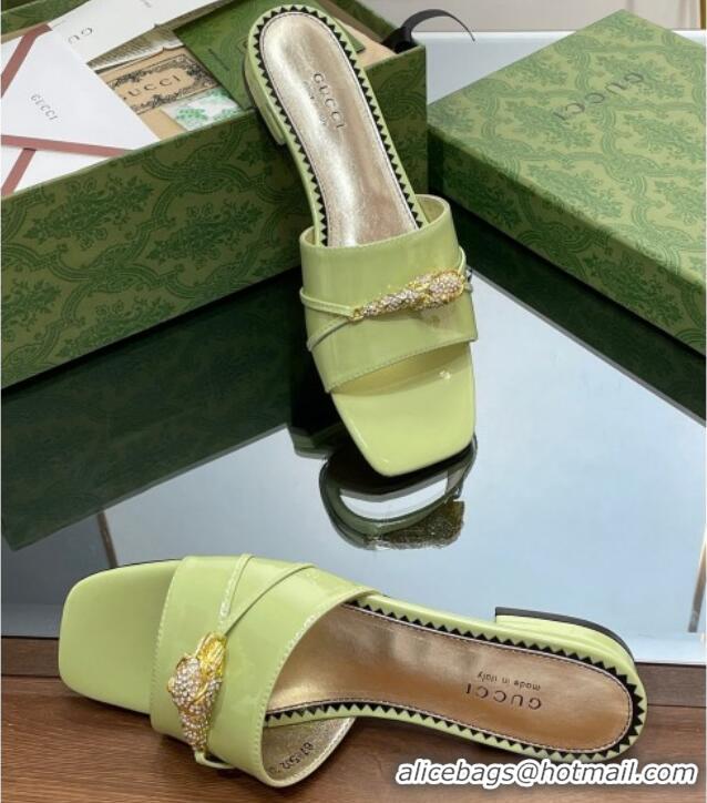 Best Grade Gucci Patent Leather Flat Slide Sandals with Tiger Head Hardware Green 719012