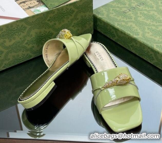 Best Grade Gucci Patent Leather Flat Slide Sandals with Tiger Head Hardware Green 719012