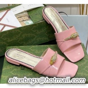 Low Price Gucci Patent Leather Flat Slide Sandals with Tiger Head Hardware Light Pink 719013