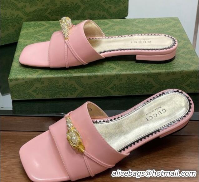 Low Price Gucci Patent Leather Flat Slide Sandals with Tiger Head Hardware Light Pink 719013