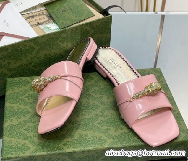 Low Price Gucci Patent Leather Flat Slide Sandals with Tiger Head Hardware Light Pink 719013