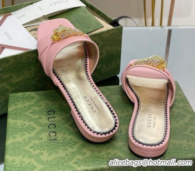 Low Price Gucci Patent Leather Flat Slide Sandals with Tiger Head Hardware Light Pink 719013