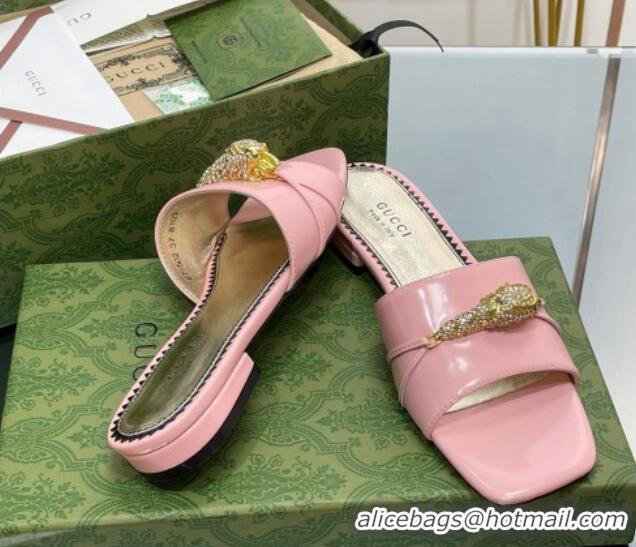 Low Price Gucci Patent Leather Flat Slide Sandals with Tiger Head Hardware Light Pink 719013