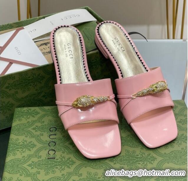 Low Price Gucci Patent Leather Flat Slide Sandals with Tiger Head Hardware Light Pink 719013