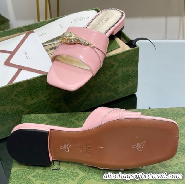 Low Price Gucci Patent Leather Flat Slide Sandals with Tiger Head Hardware Light Pink 719013