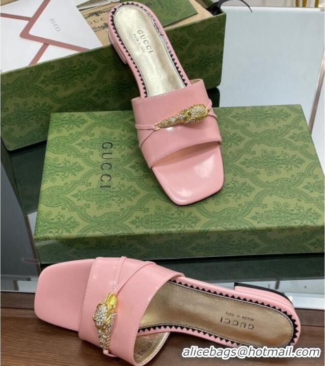 Low Price Gucci Patent Leather Flat Slide Sandals with Tiger Head Hardware Light Pink 719013