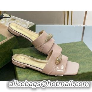 Low Cost Gucci Patent Leather Flat Slide Sandals with Tiger Head Hardware Pale Pink 719014