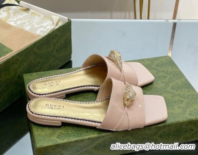 Low Cost Gucci Patent Leather Flat Slide Sandals with Tiger Head Hardware Pale Pink 719014