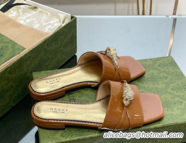 Luxurious Gucci Patent Leather Flat Slide Sandals with Tiger Head Hardware Brown 719015