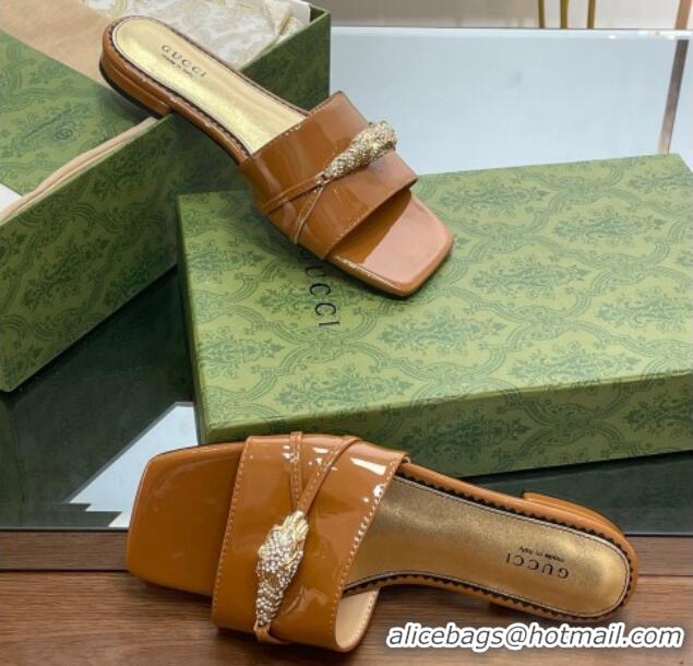 Luxurious Gucci Patent Leather Flat Slide Sandals with Tiger Head Hardware Brown 719015