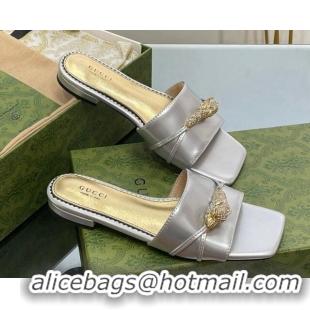 Pretty Style Gucci Patent Leather Flat Slide Sandals with Tiger Head Hardware Silver 719016