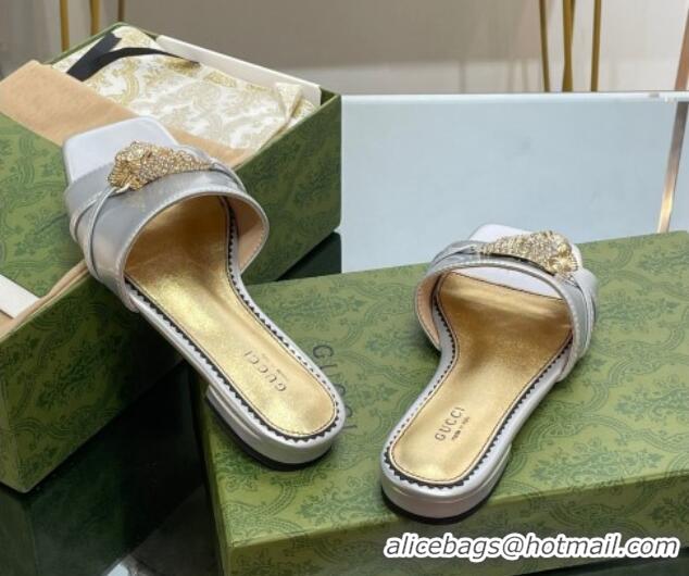 Pretty Style Gucci Patent Leather Flat Slide Sandals with Tiger Head Hardware Silver 719016