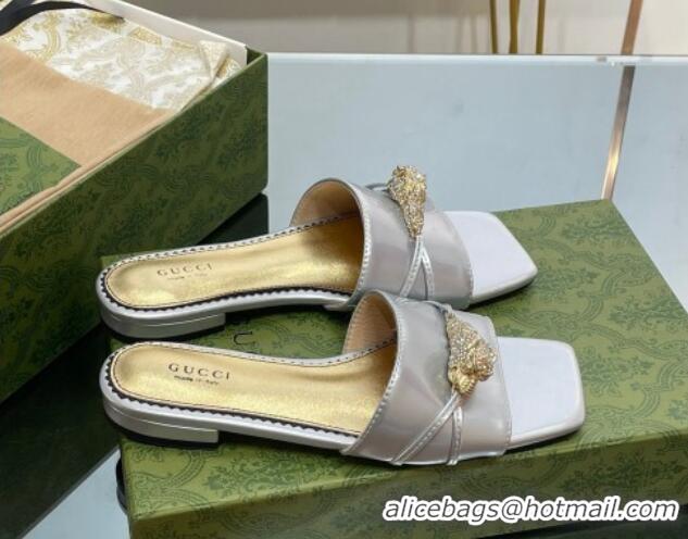 Pretty Style Gucci Patent Leather Flat Slide Sandals with Tiger Head Hardware Silver 719016