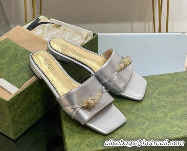 Pretty Style Gucci Patent Leather Flat Slide Sandals with Tiger Head Hardware Silver 719016