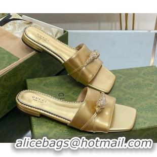 Durable Gucci Patent Leather Flat Slide Sandals with Tiger Head Hardware Gold 719017