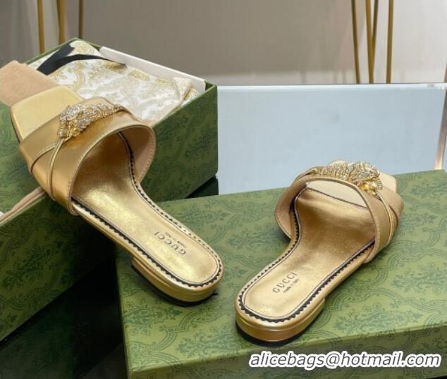 Durable Gucci Patent Leather Flat Slide Sandals with Tiger Head Hardware Gold 719017