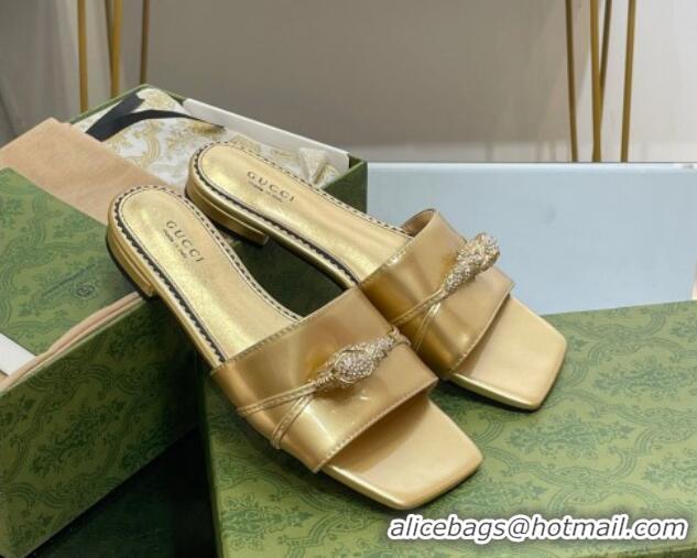 Durable Gucci Patent Leather Flat Slide Sandals with Tiger Head Hardware Gold 719017