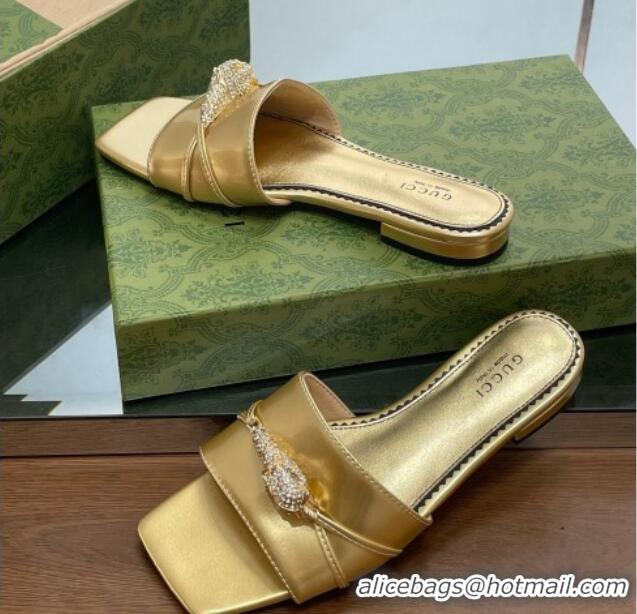 Durable Gucci Patent Leather Flat Slide Sandals with Tiger Head Hardware Gold 719017