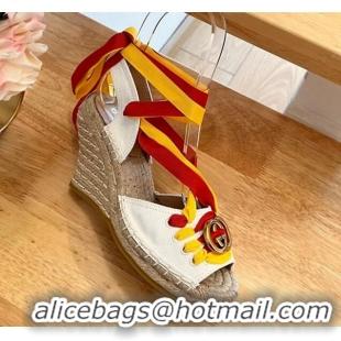 Luxurious Gucci Lace up Wedge Espadrille Sandals 9.5cm in Cotton Canvas White 719033