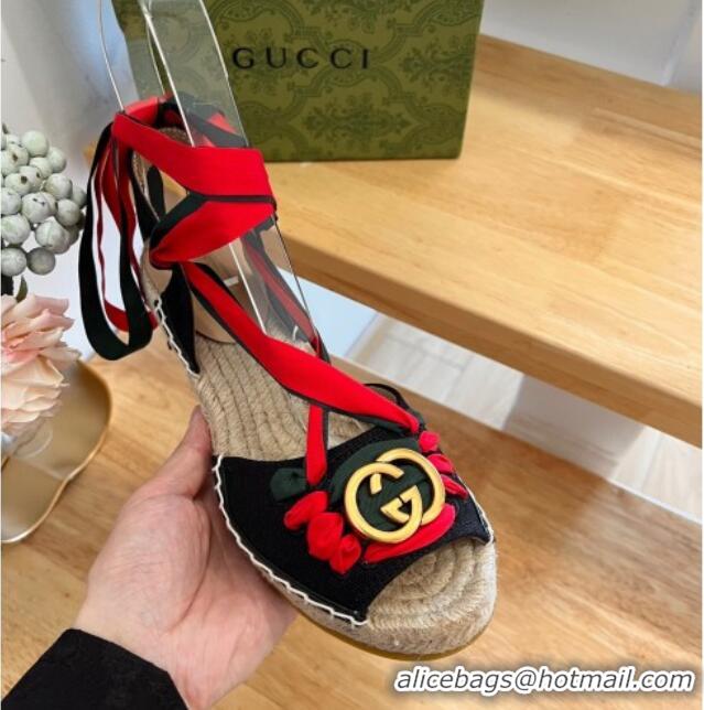 Top Design Gucci Lace up Wedge Espadrille Sandals 9.5cm in Cotton Canvas Black 719034