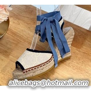 Trendy Design Gucci Lace up Wedge Espadrille Sandals 9.5cm in GG Crochet Cotton White/Blue 719035