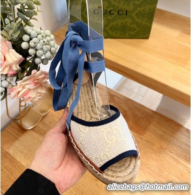 Trendy Design Gucci Lace up Wedge Espadrille Sandals 9.5cm in GG Crochet Cotton White/Blue 719035