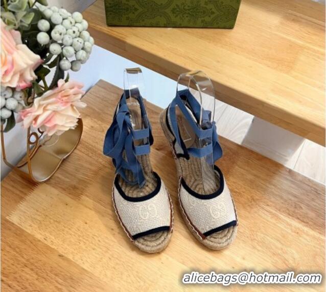 Trendy Design Gucci Lace up Wedge Espadrille Sandals 9.5cm in GG Crochet Cotton White/Blue 719035