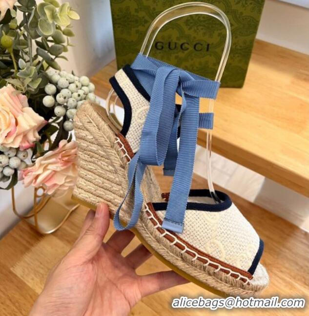 Trendy Design Gucci Lace up Wedge Espadrille Sandals 9.5cm in GG Crochet Cotton White/Blue 719035