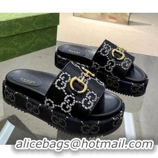 Pretty Style Gucci Horsebit Platform Slide Sandals 5.5cm in GG Jacquard Black 719036