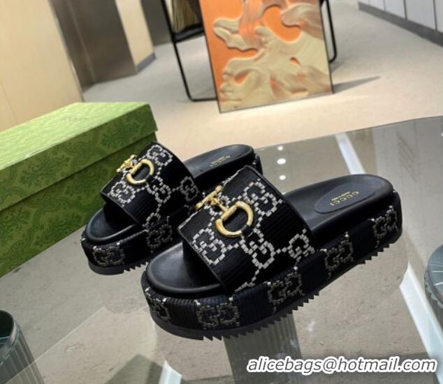 Pretty Style Gucci Horsebit Platform Slide Sandals 5.5cm in GG Jacquard Black 719036