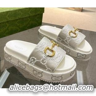 Best Product Gucci Horsebit Platform Slide Sandals 5.5cm in GG Jacquard White 719037