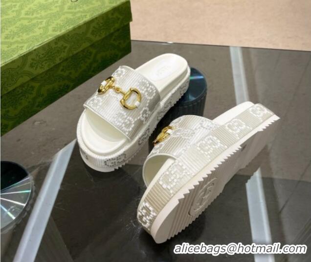 Best Product Gucci Horsebit Platform Slide Sandals 5.5cm in GG Jacquard White 719037