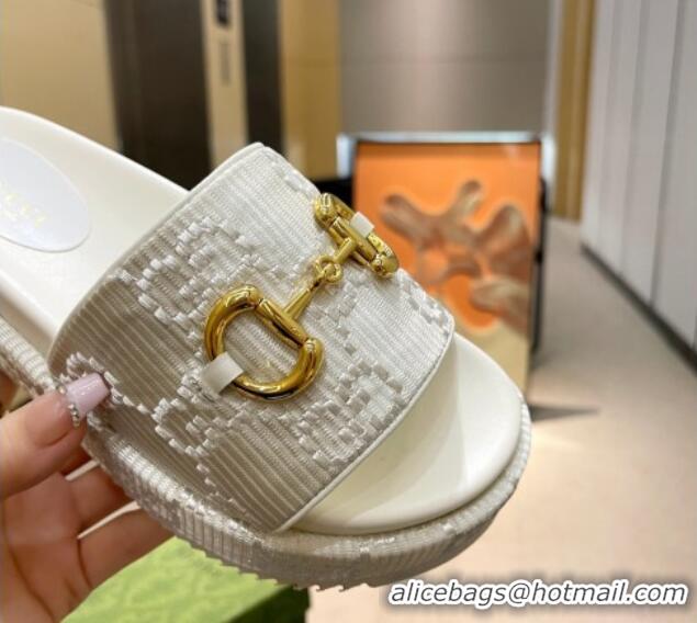 Best Product Gucci Horsebit Platform Slide Sandals 5.5cm in GG Jacquard White 719037