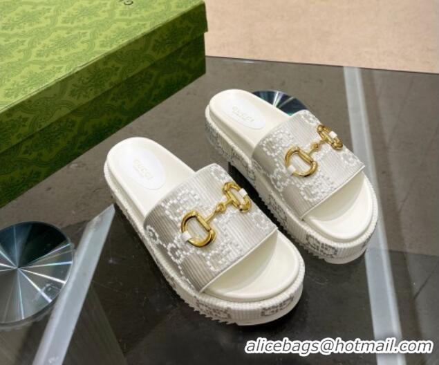 Best Product Gucci Horsebit Platform Slide Sandals 5.5cm in GG Jacquard White 719037