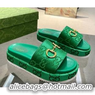 Shop Duplicate Gucci Horsebit Platform Slide Sandals 5.5cm in GG Jacquard Green 719039