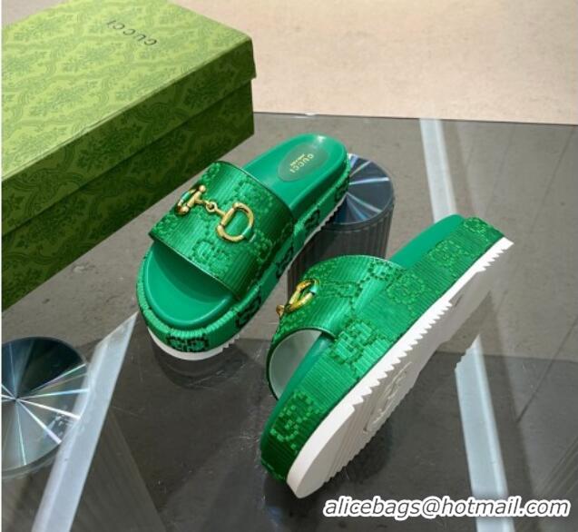 Shop Duplicate Gucci Horsebit Platform Slide Sandals 5.5cm in GG Jacquard Green 719039