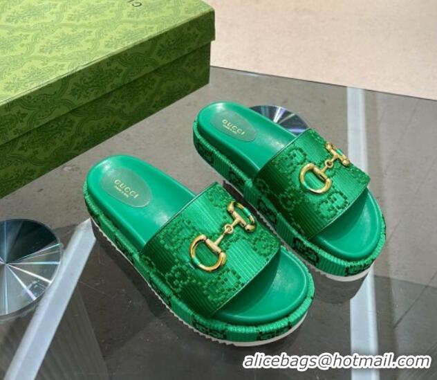 Shop Duplicate Gucci Horsebit Platform Slide Sandals 5.5cm in GG Jacquard Green 719039