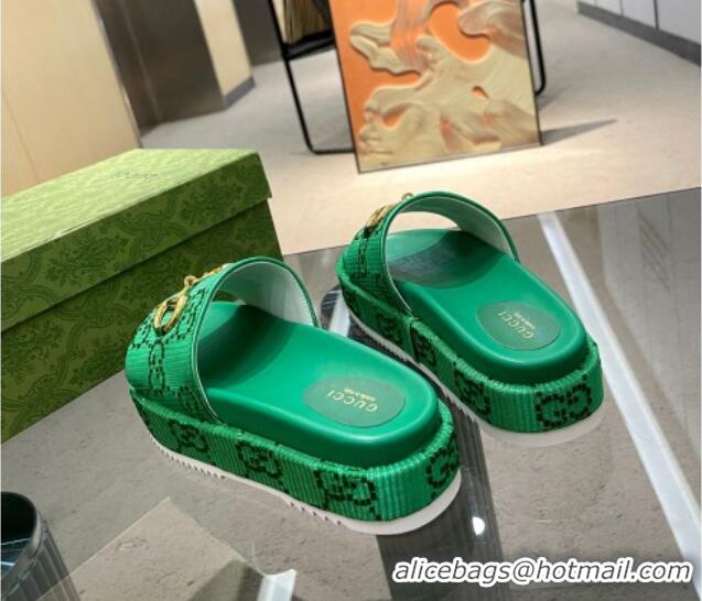 Shop Duplicate Gucci Horsebit Platform Slide Sandals 5.5cm in GG Jacquard Green 719039