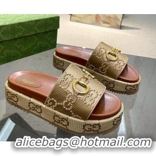 Good Looking Gucci Horsebit Platform Slide Sandals 5.5cm in GG Jacquard Khaki 719040