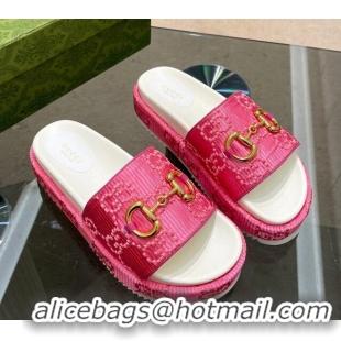 Good Product Gucci Horsebit Platform Slide Sandals 5.5cm in GG Jacquard Pink 719041