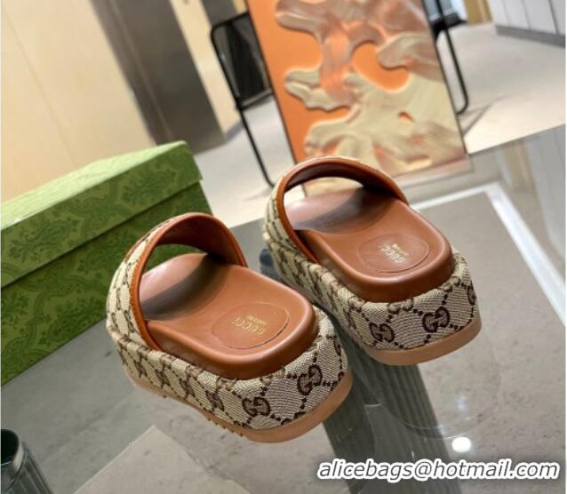 Top Grade Gucci GG Canvas Platform Slide Sandals 5.5cm with Interlocking G Beige 0719042