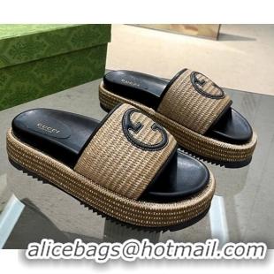 Most Popular Gucci Raffia Straw Platform Slide Sandals 5.5cm with Interlocking G Khaki 719045