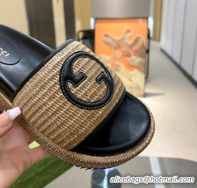 Most Popular Gucci Raffia Straw Platform Slide Sandals 5.5cm with Interlocking G Khaki 719045