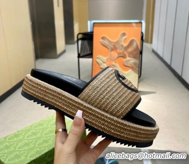 Most Popular Gucci Raffia Straw Platform Slide Sandals 5.5cm with Interlocking G Khaki 719045