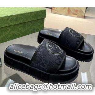 Charming Gucci GG Canvas Platform Slide Sandals 5.5cm with Interlocking G Black 719046