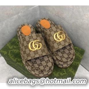 Good Quality Gucci GG Canvas Platform Slide Sandals with GG Beige 724086