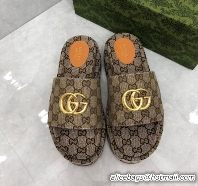 Good Quality Gucci GG Canvas Platform Slide Sandals with GG Beige 724086