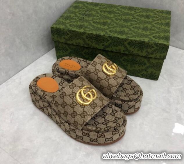 Good Quality Gucci GG Canvas Platform Slide Sandals with GG Beige 724086